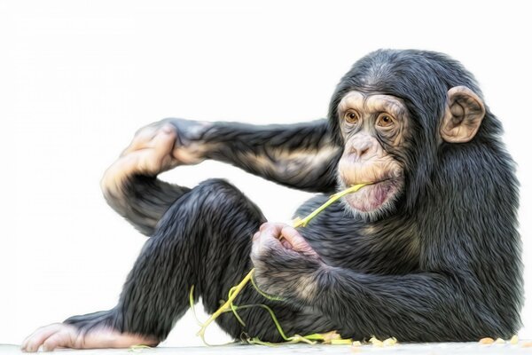 Małpa szympansa z źdźbłem trawy w ustach