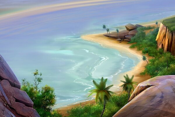 Disegno di una baia di spiaggia con palme e formazioni pietrose