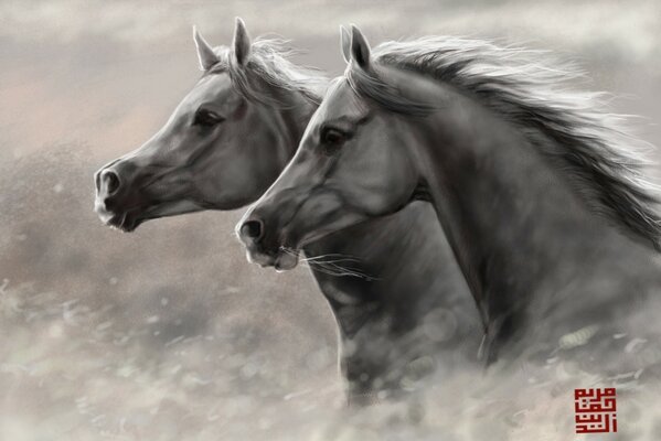 Pintura de la cabeza de los caballos de la pareja en el estilo del arte