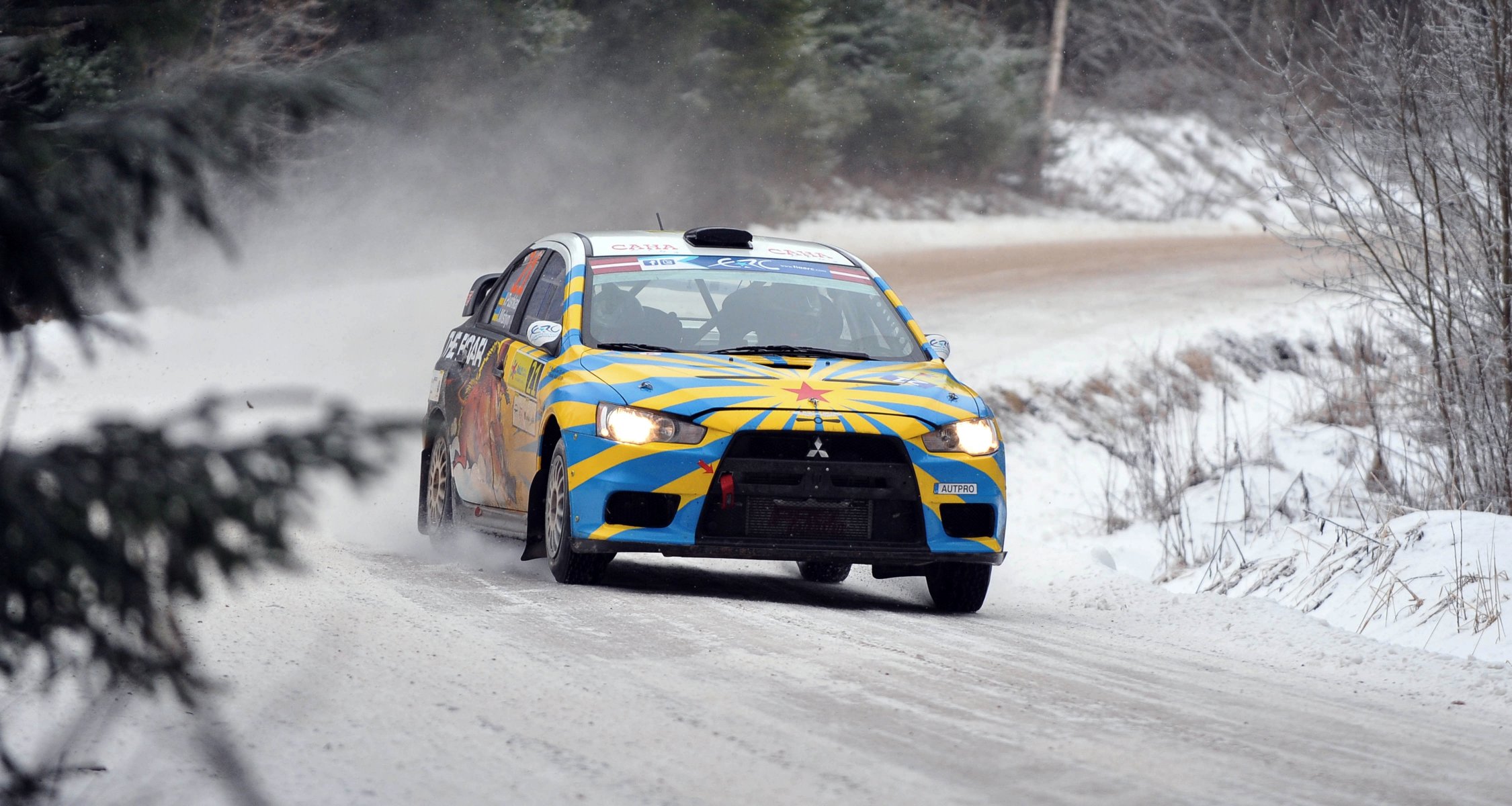 mitsubishi professions rally winter snow race lancer front end rally