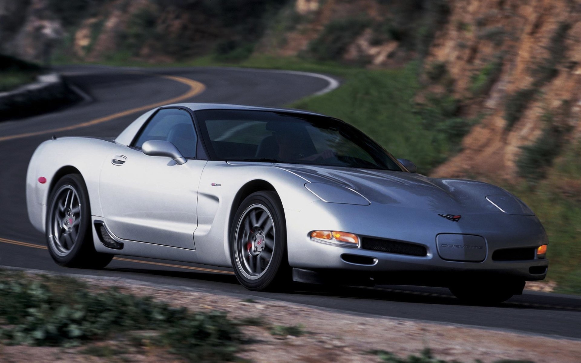 chevrolet corvette z06 c5 chevrolet supercar silver front road background