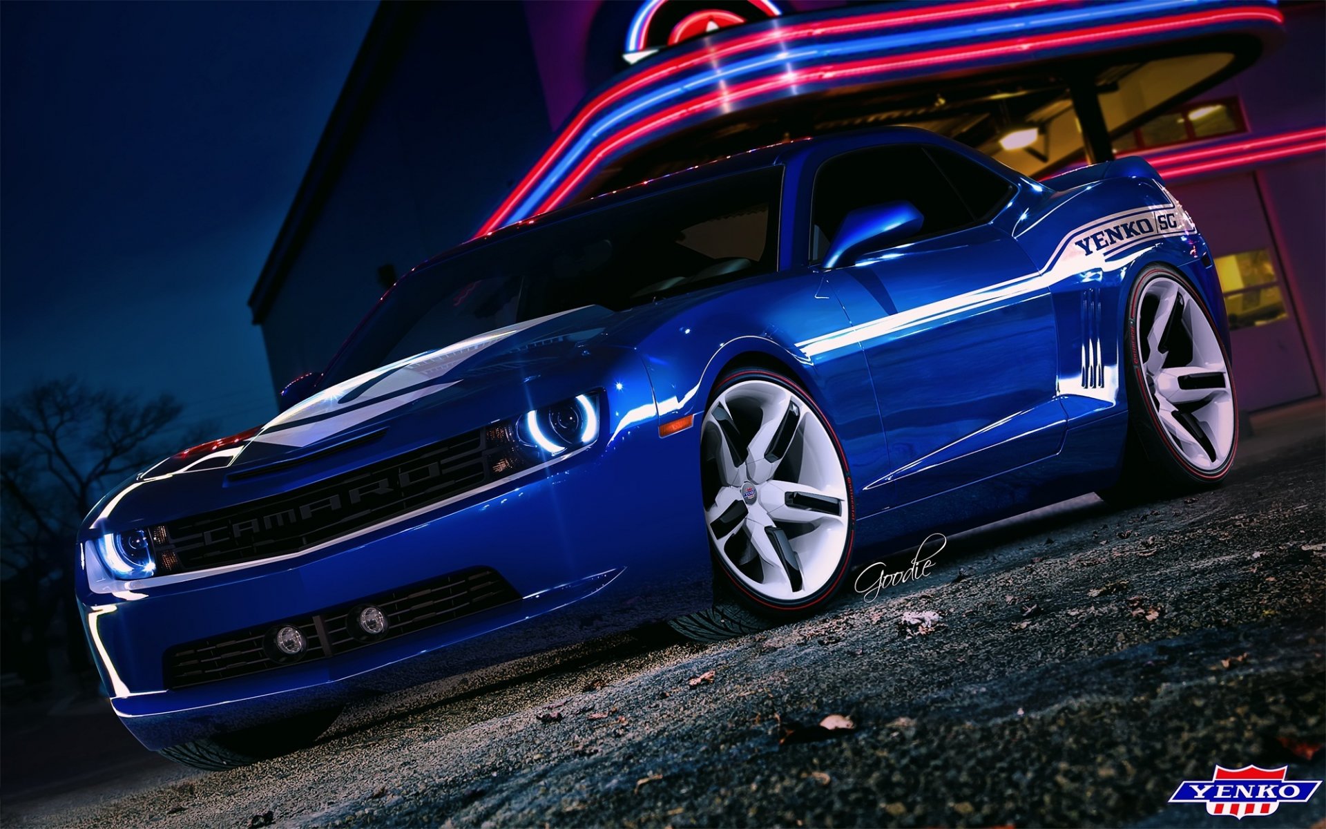 chevrolet camaro blu muscle car anteriore chevrolet muscle car luci al neon abbagliamento