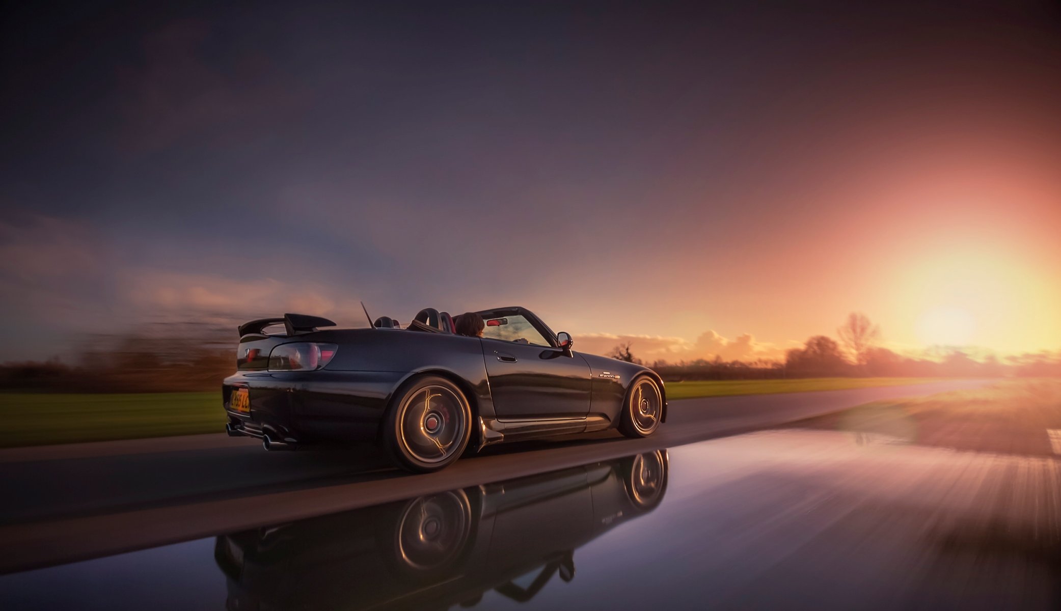 honda s2000 auto auto straße strecke bewegung geschwindigkeit sonnenuntergang sonne reflexion unschärfe hintergrund tapete widescreen vollbild widescreen widescreen