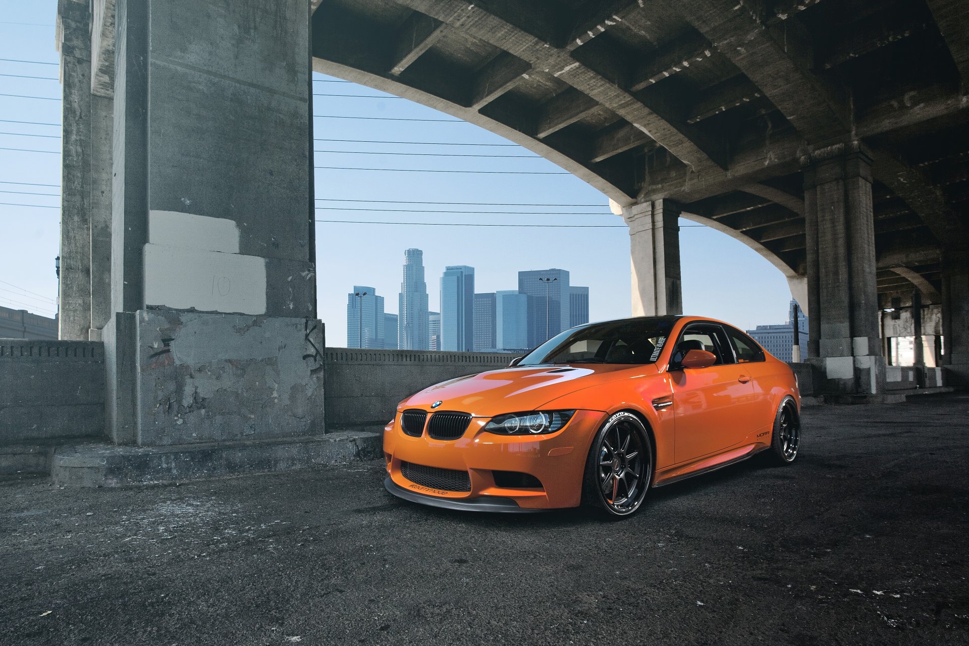 bmw m3 e92 orange bmw front view bridge support