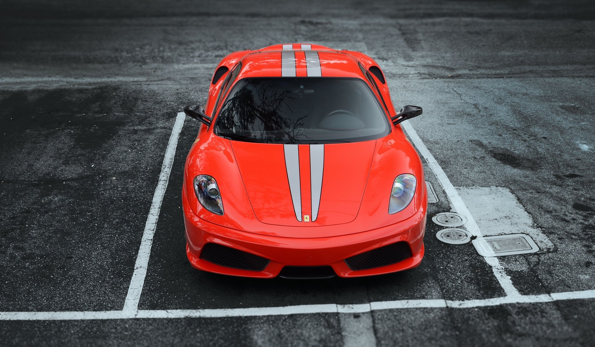 ferrari f430 scuderia rojo ferrari f430 scuderia rojo frente estacionamiento asfalto rayas