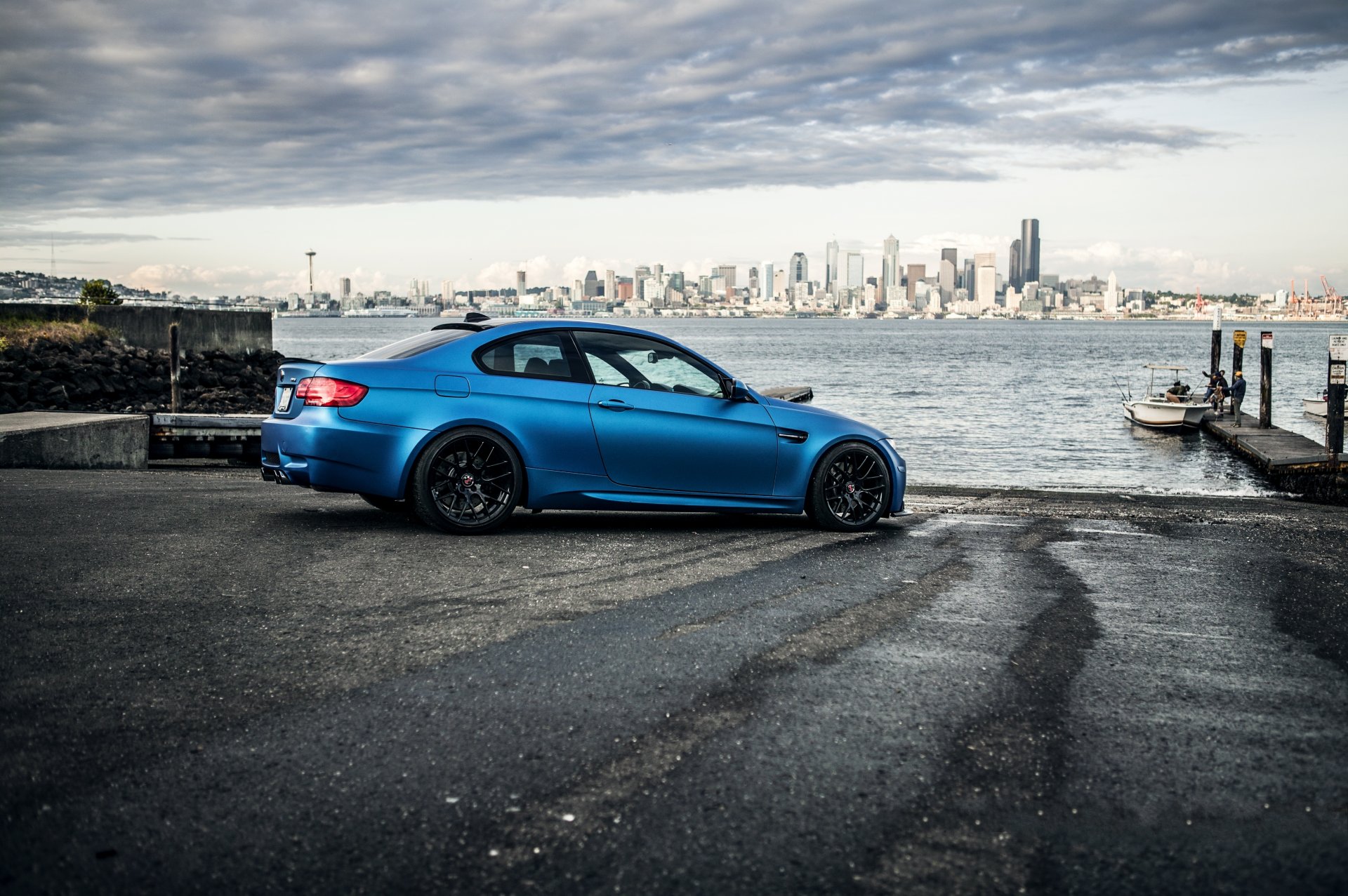 bmw m3 e92 matte blue wheels black seattle bmw matte blue side view rims pier pier