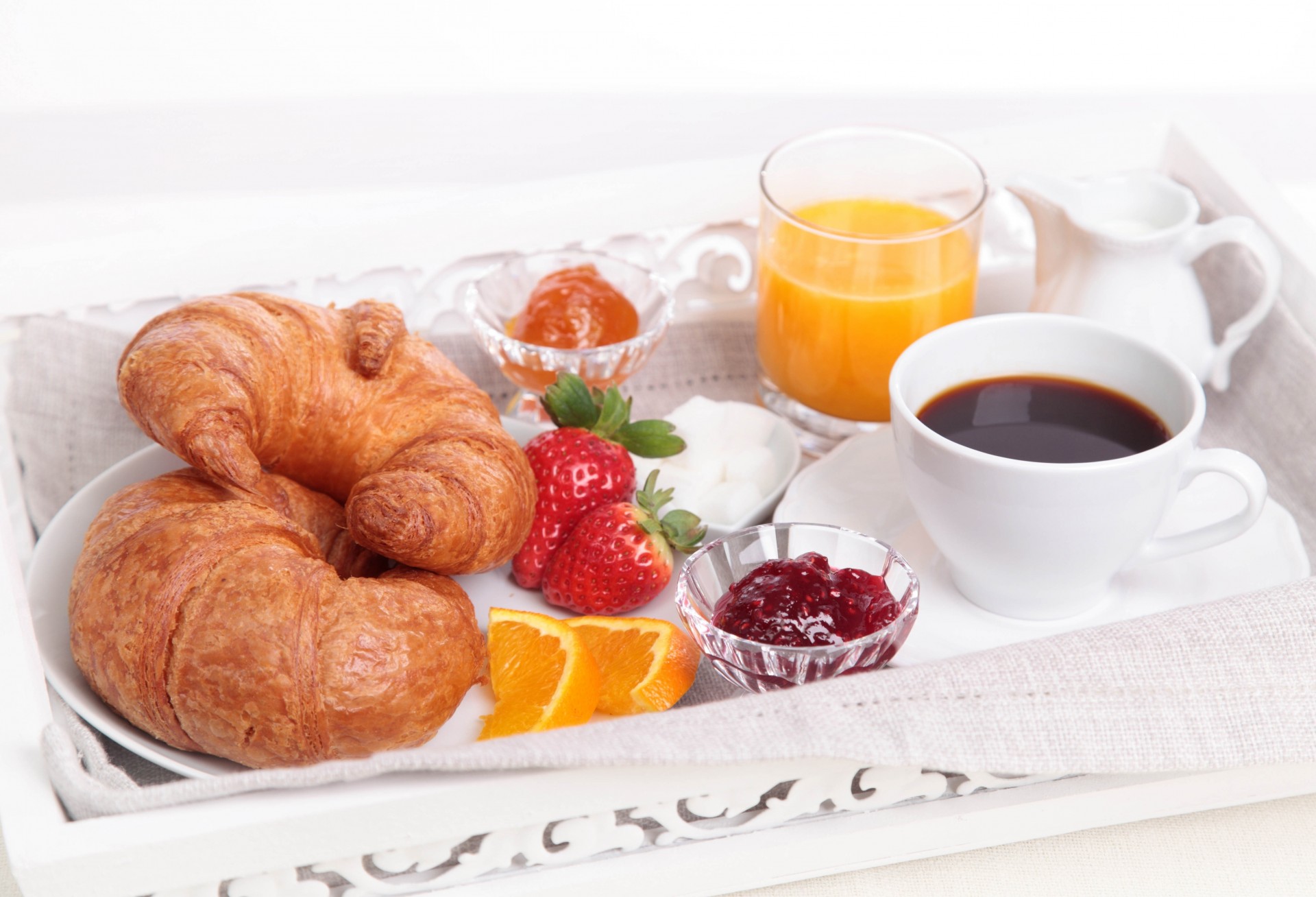 tray breakfast coffee juice food jam white background donut