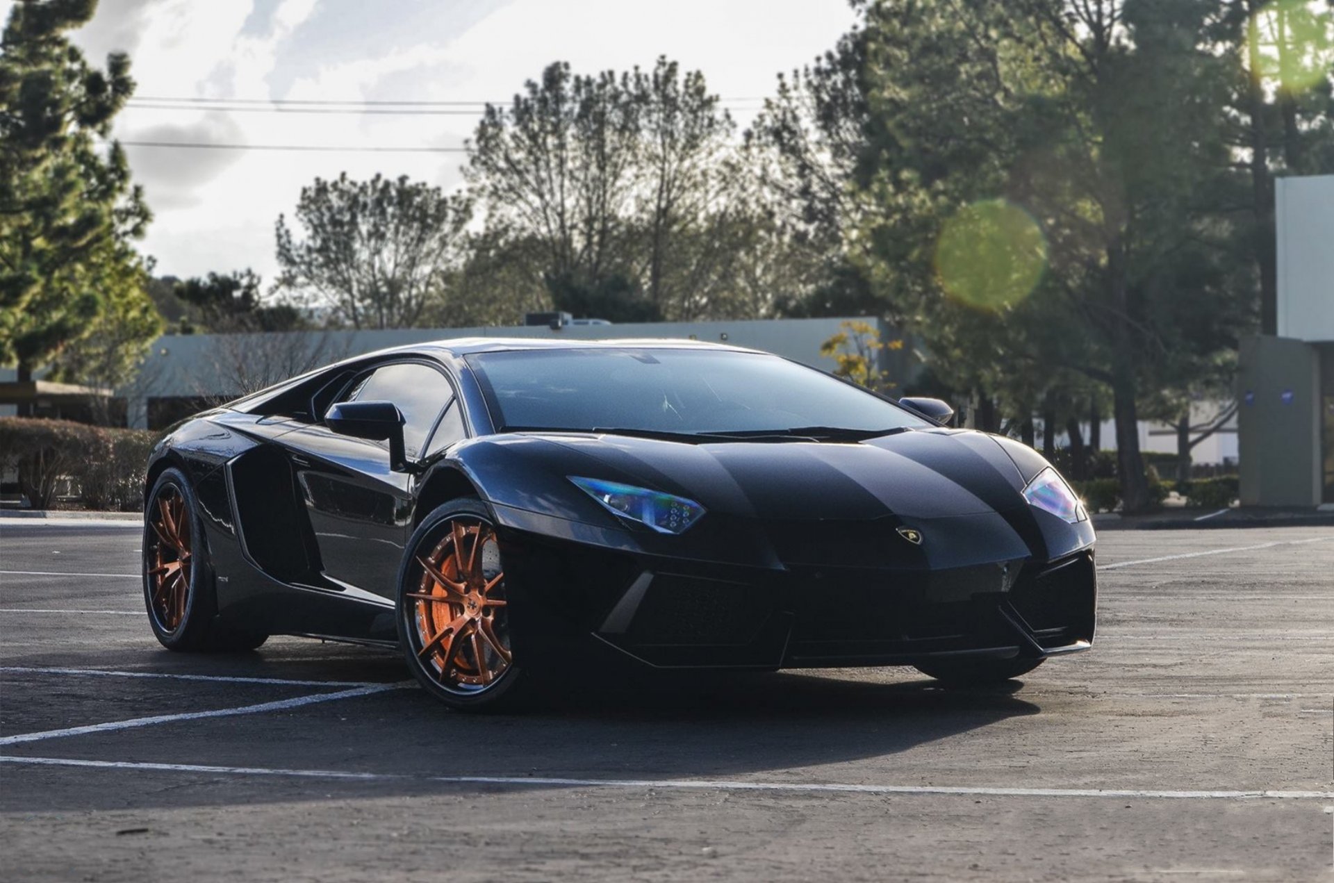 lamborghini aventador lp700-4 schwarz lamborghini aventador vorderansicht schatten himmel wolken bäume