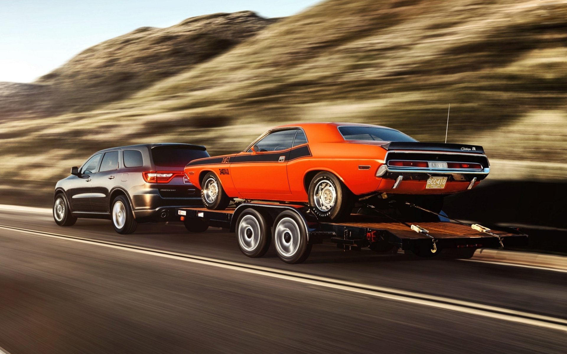 dodge r/t and challenger t/ six pack dodge durango challenger muscle car muscle car rear view road background