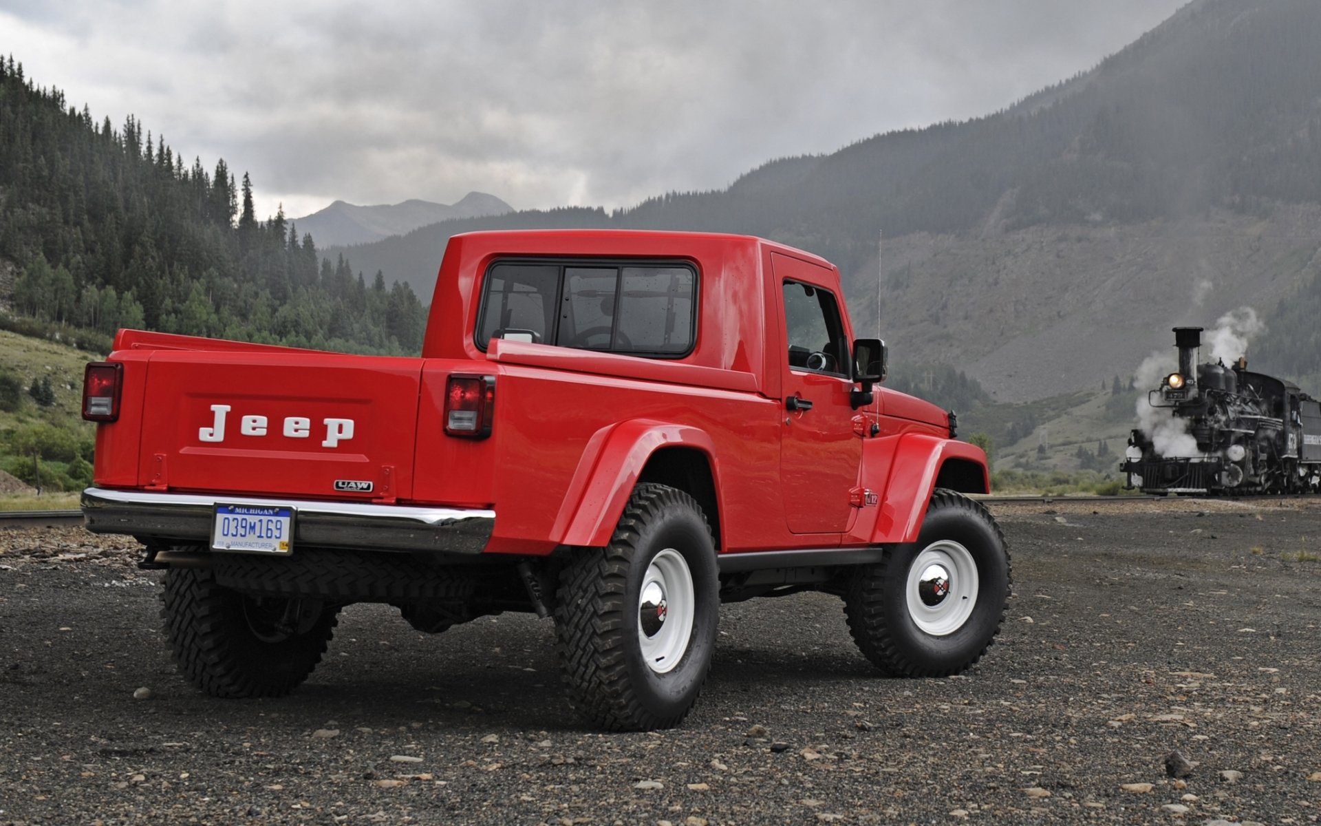 jeep j-12 concept concept pick-up rouge vue arrière paravoz.montagnes ciel