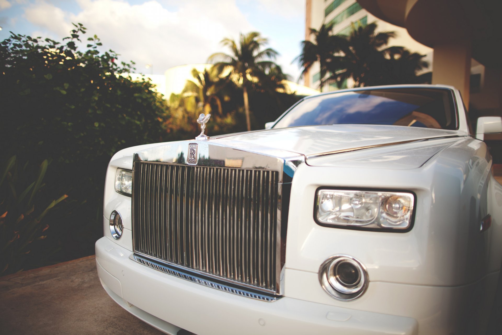 rolls royce phantom voiture prestigieux exotique blanc palmiers avant