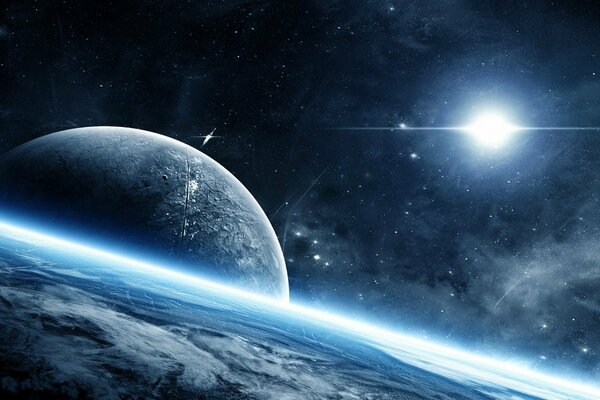 Bagliore dell atmosfera del pianeta nello spazio. Pianeti e stelle