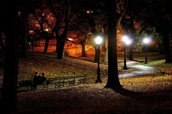 Notte a New York. Persone in panchina