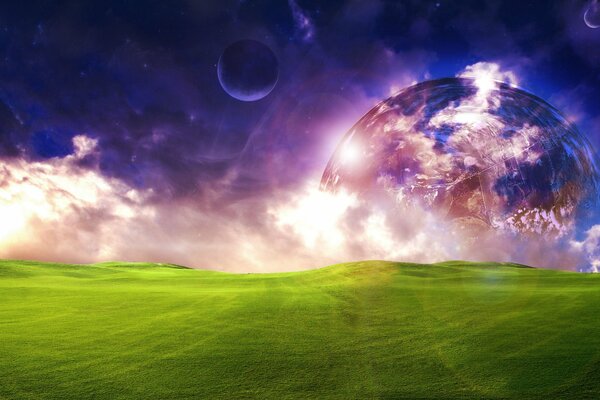 Fantastyczny widok z pola na planety