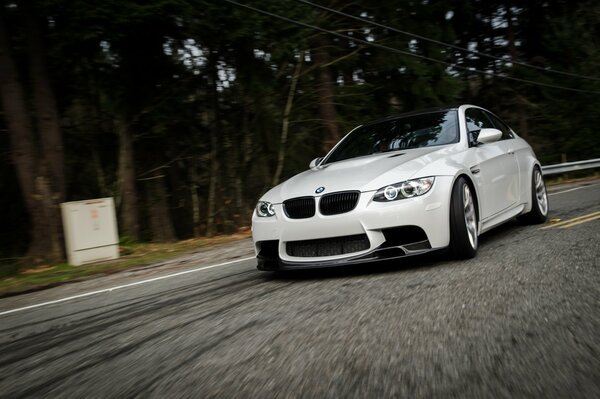 Auf der Straße ein weißer BMW im Wald