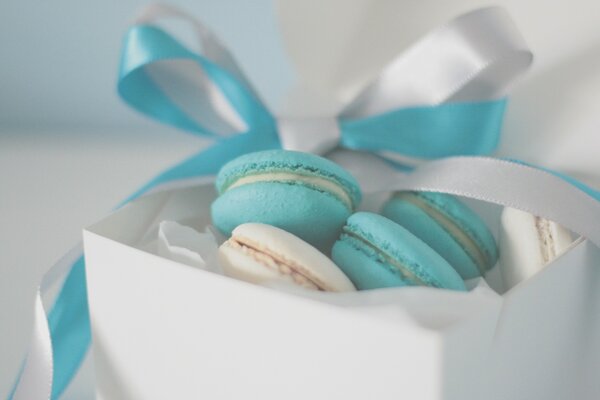 Macarons bianchi e blu in una scatola