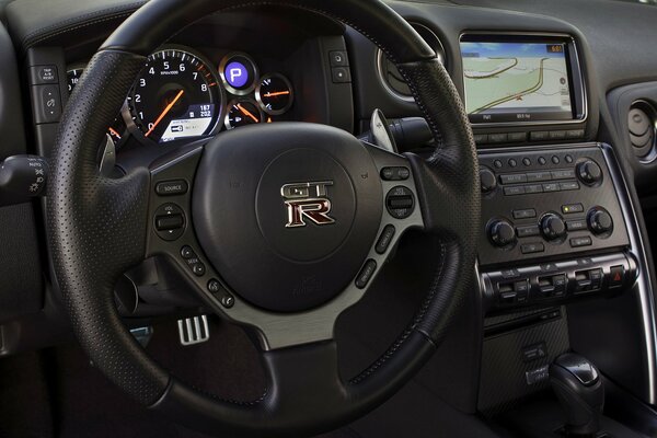 Car control panel, tachometer and speedometer with steering wheel