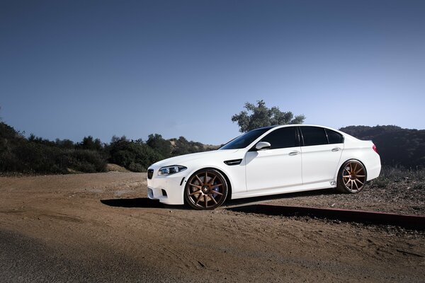 Blanco BMW sedán contra el cielo