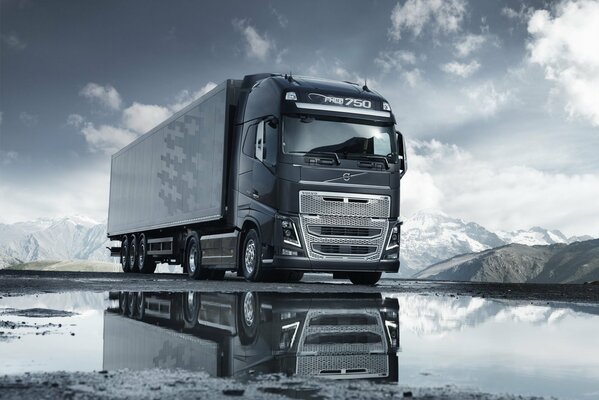 Volvo heavy truck in a gray-steel theme