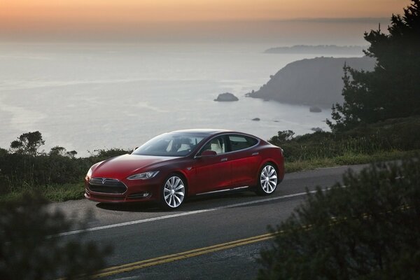 Tesla sur la route maritime à Gelendzhik