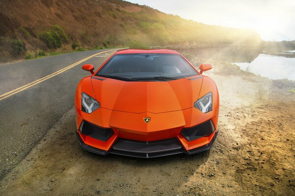 Un Lamborghini de color naranja se encuentra en una pista no vivida cerca del río