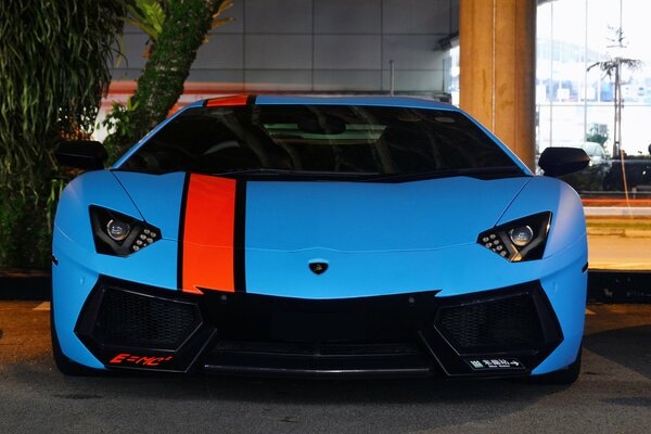 Blue supercar lambogini from the city