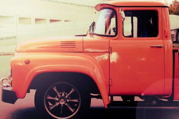 Bright orange cabin of the ZIL truck