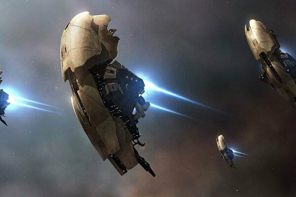 Intergalactic ships flying in space. Spaceships. Fantastic space art