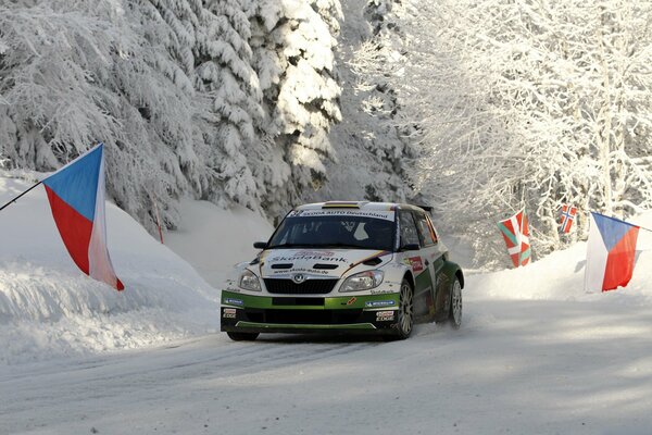 Skoda fabia rally nella foresta invernale innevata