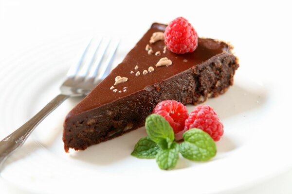 A piece of chocolate cake decorated with a berry