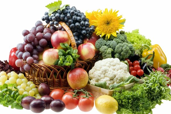 Still life fruits, vegetables and greens