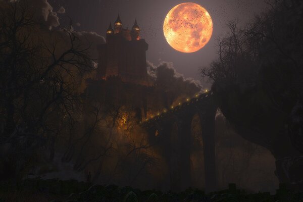 Château de nuit à la lumière de la lune