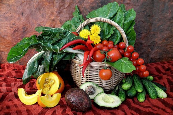 Basket of Chili peppers, lettuce, tomatoes