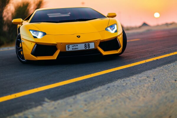Lamborghini жёлтого цыета на дороге в дубаях