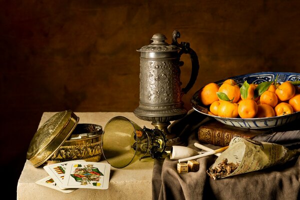 Still life glass cards and pipe