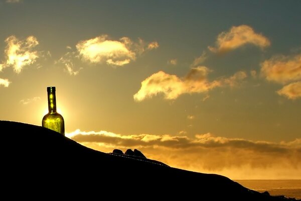 There is wine at a beautiful sunset