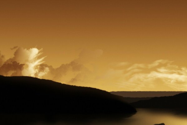 Minimalism, clouds, river and earth