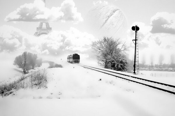 Train in processing on rails in winter