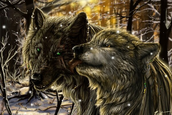 Due fantastici lupi nella foresta innevata