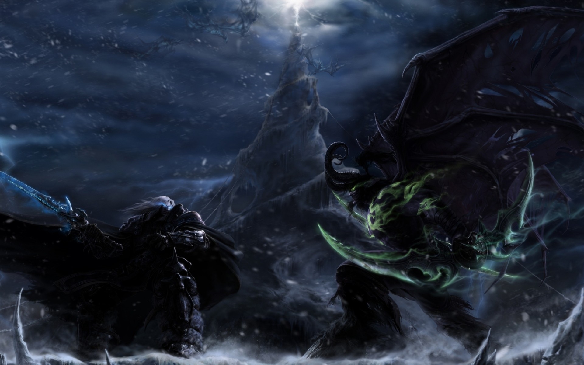 illidan arthas menetil pinturas batalla tormenta nieve fantasía mmorpg noche