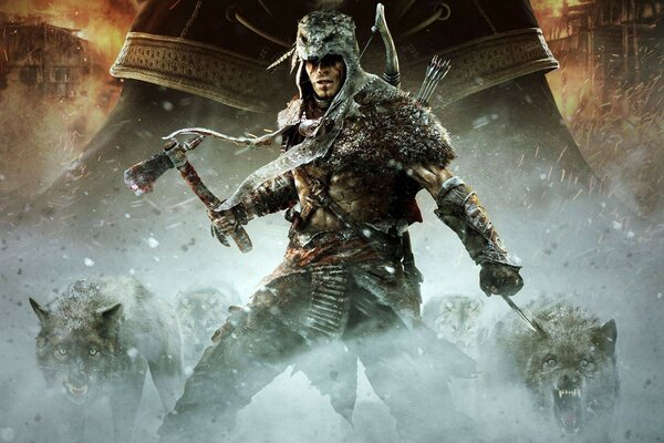 Assassins creed warrior with wolves in the snow