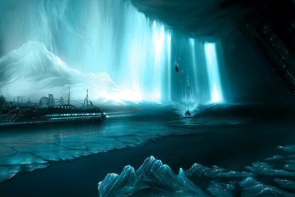 An airbrushed image of a waterfall in front of the ship