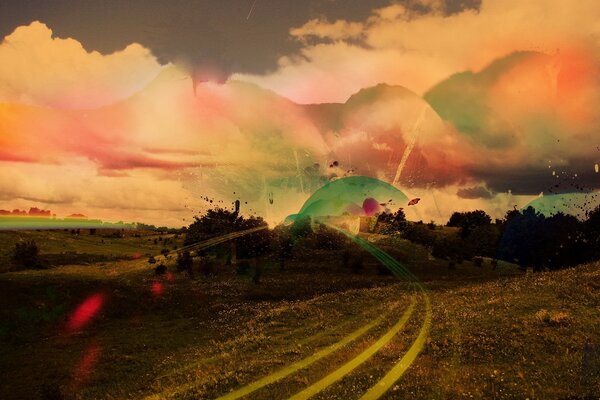 Photo processing of the autumn field, rainbow clouds