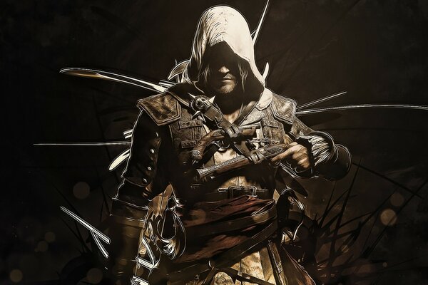 A hooded man with a gun in dark colors