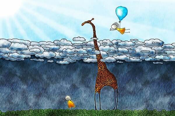 A giraffe, the lower part of which is standing in the rain, and the head is above the clouds