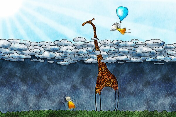 Żyrafa, której spód stoi w deszczu, a głowa nad chmurami