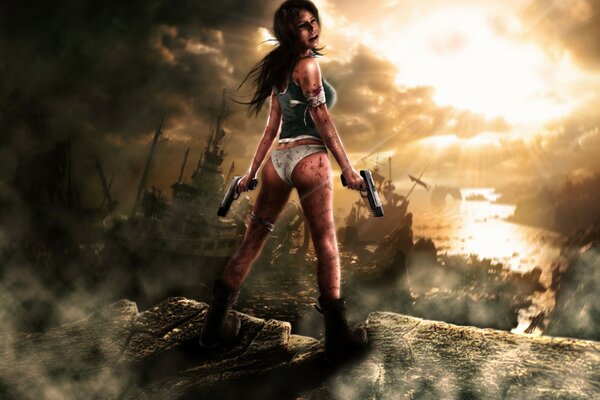 Game lara Croft girl with pistols
