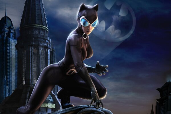 Catwoman on the background of a skyscraper at night