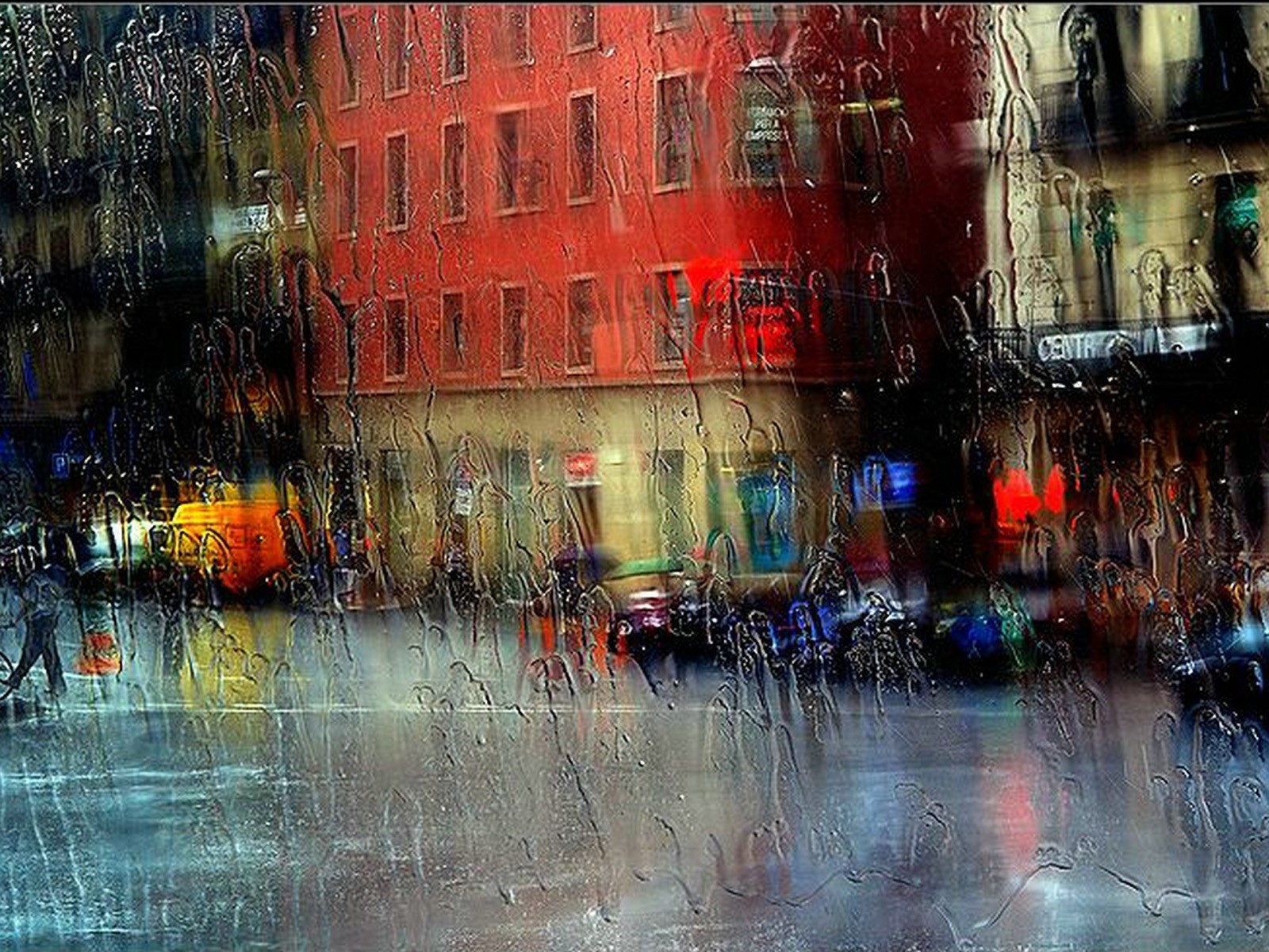 town glass rain street
