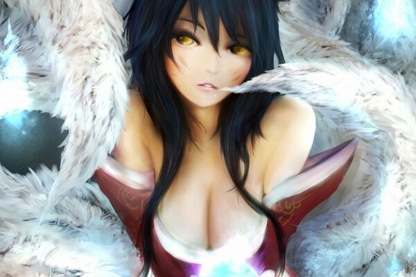 A girl with black hair in feathers